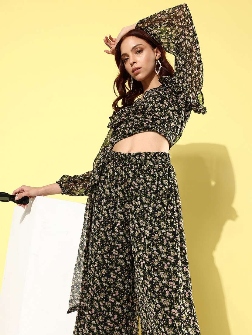 black floral printed chiffon top & palazzo coord set - 20852908 - Standard Image - 3