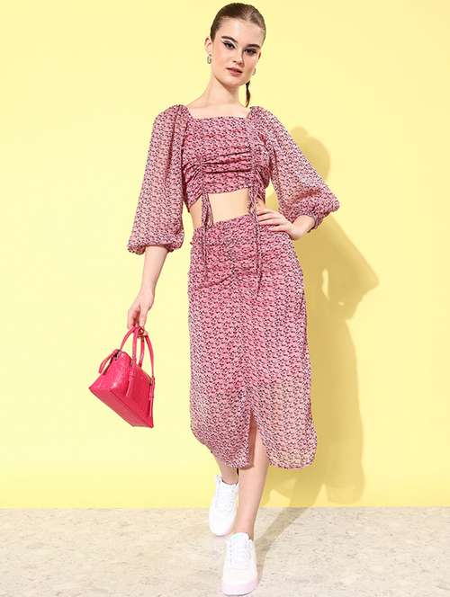 pink printed detailed top & skirt set - 20852911 - Standard Image - 0