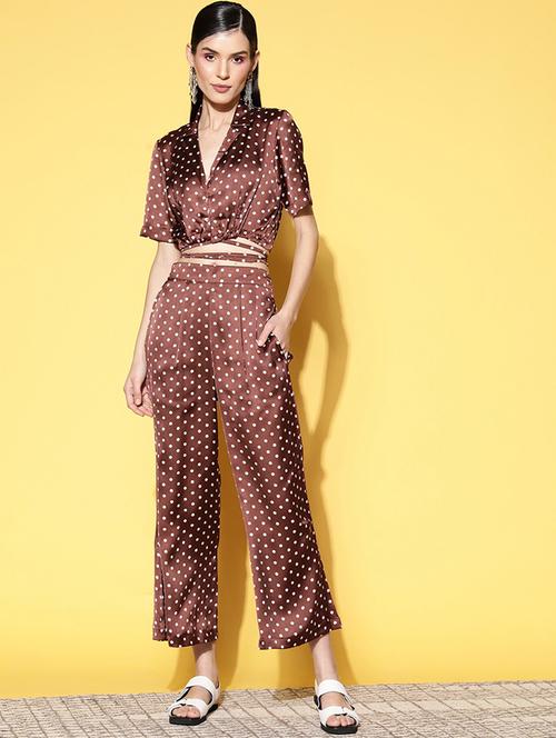 women brown polka dot printed top and trouser co-ord set - 20852912 - Standard Image - 0