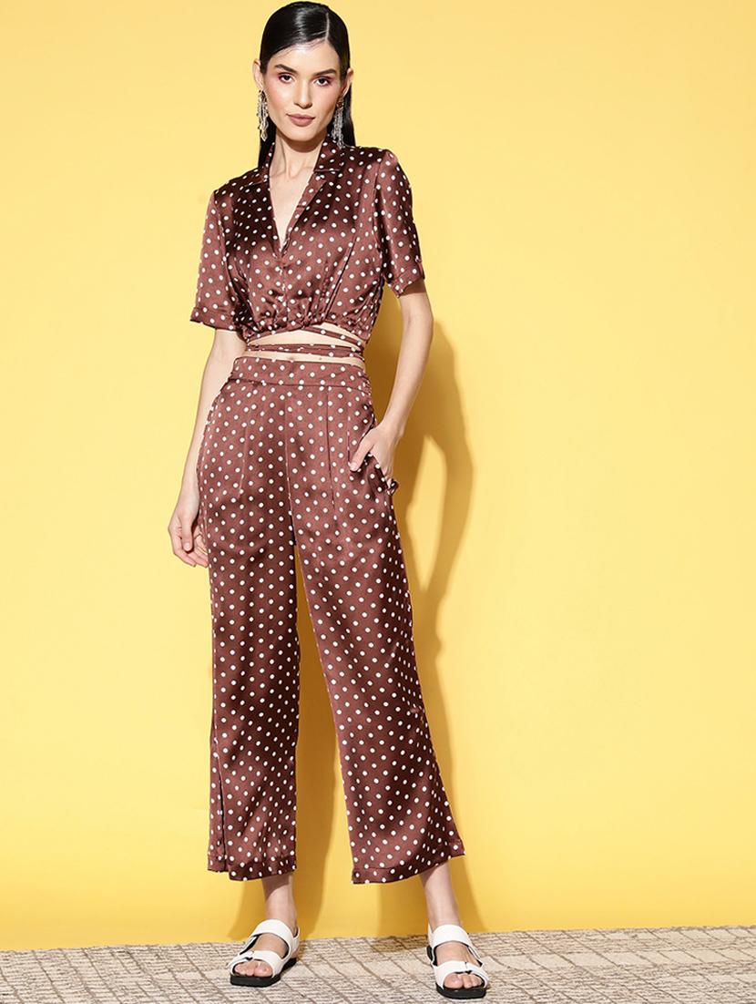 women brown polka dot printed top and trouser co-ord set - 20852912 - Zoom Image - 0