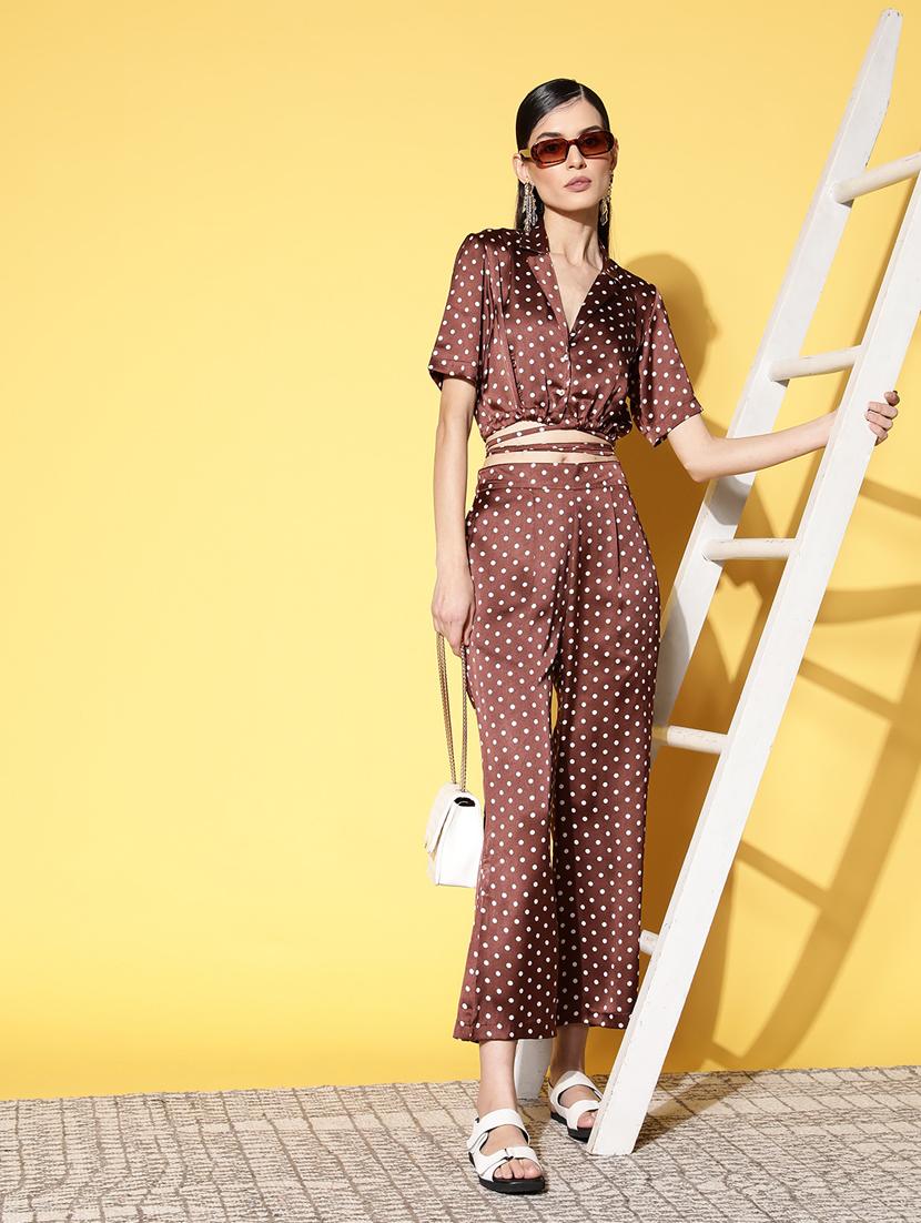 women brown polka dot printed top and trouser co-ord set - 20852912 - Standard Image - 3