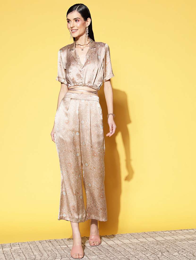 women gold printed top and trouser co-ord set