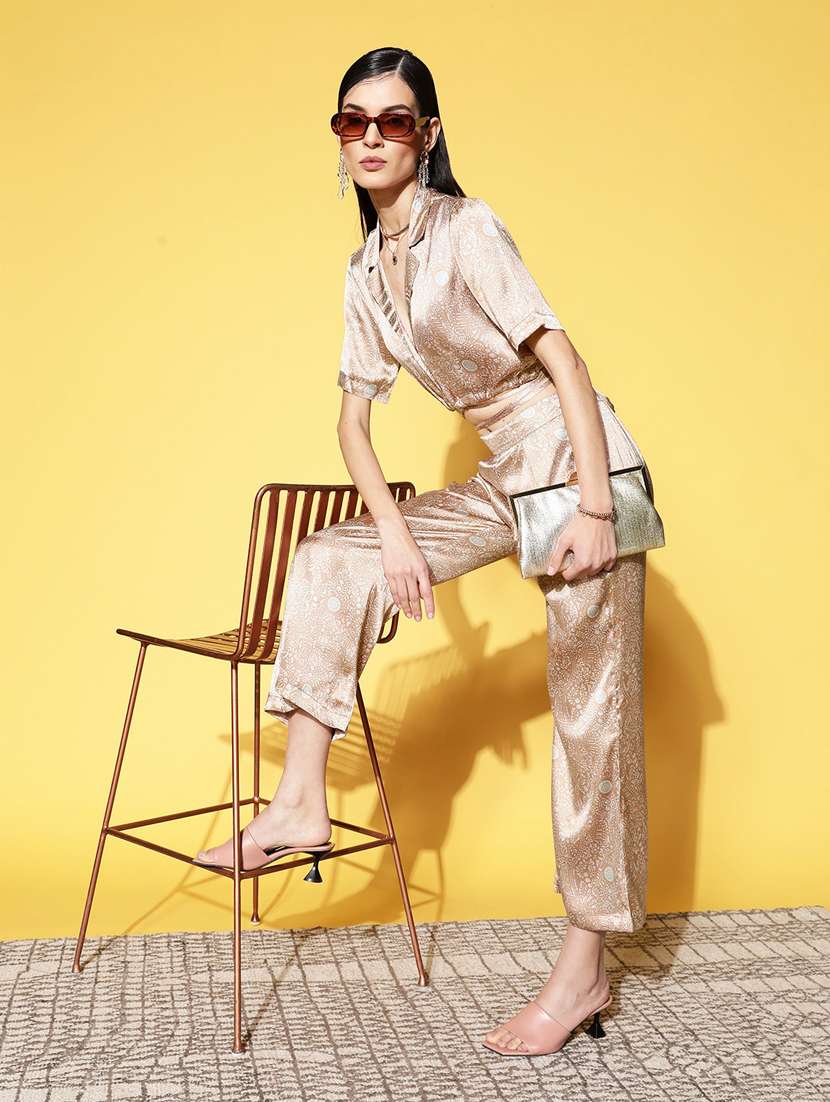 women gold printed top and trouser co-ord set - 20852914 -  Standard Image - 3