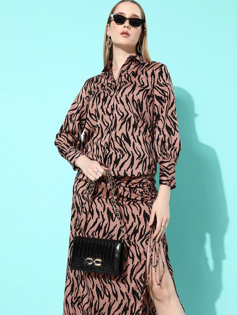 women brown printed top and skirt co-ord set - 20852917 - Standard Image - 3