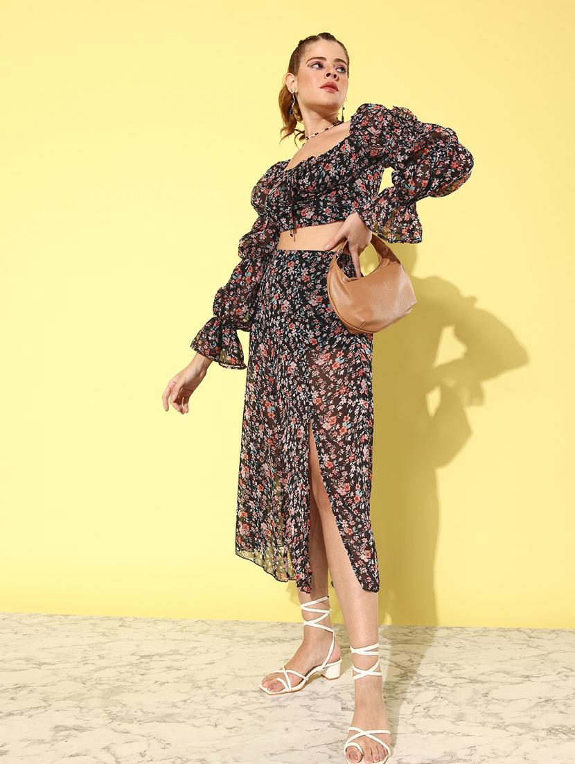 women black floral printed top and skirt co-ord set - 20852927 -  Zoom Image - 0