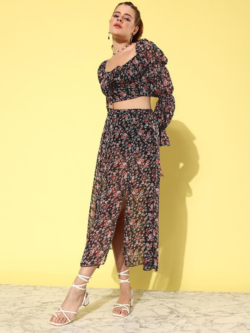 women black floral printed top and skirt co-ord set - 20852928 - Zoom Image - 0