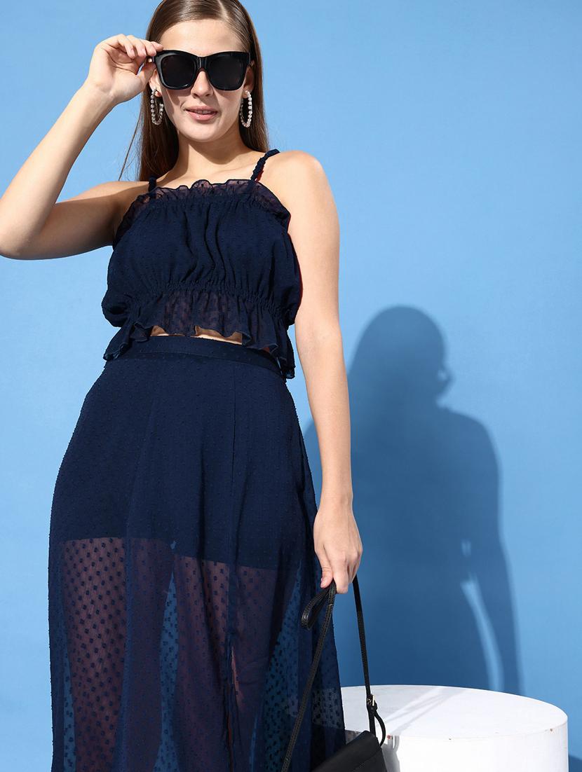 navy blue self design top & skirt coord set - 20852935 - Standard Image - 3