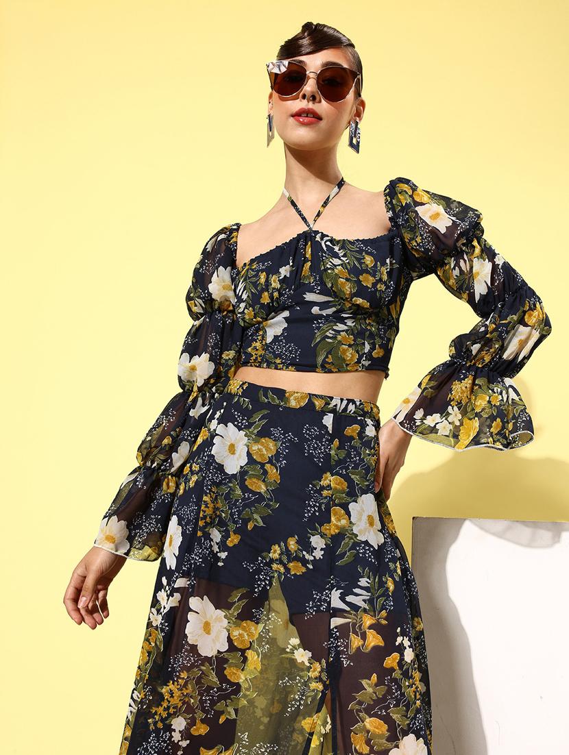 navy blue floral printed top & skirt coord set - 20852938 - Standard Image - 3