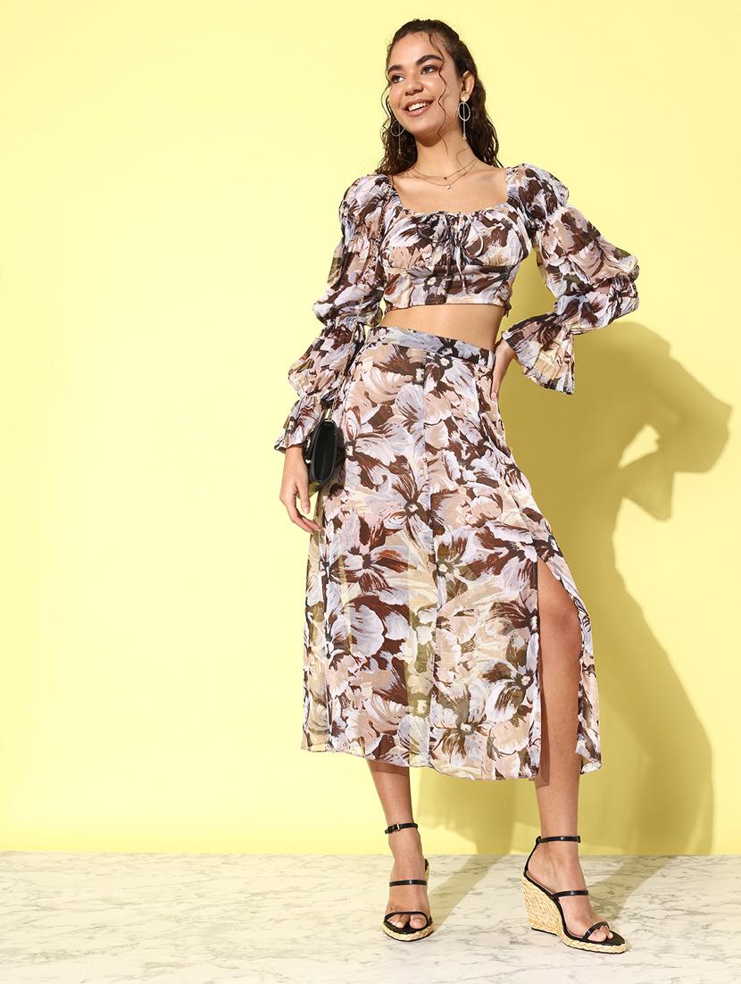 brown floral printed top & skirt coord set - 20852943 - Zoom Image - 0