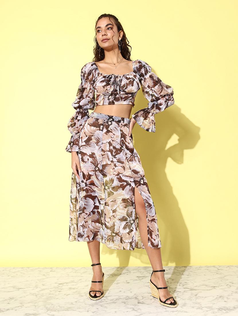 brown floral printed top & skirt coord set - 20852943 - Standard Image - 3