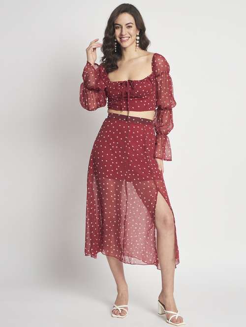 maroon printed top & skirt coord set - 20852944 -  Standard Image - 0