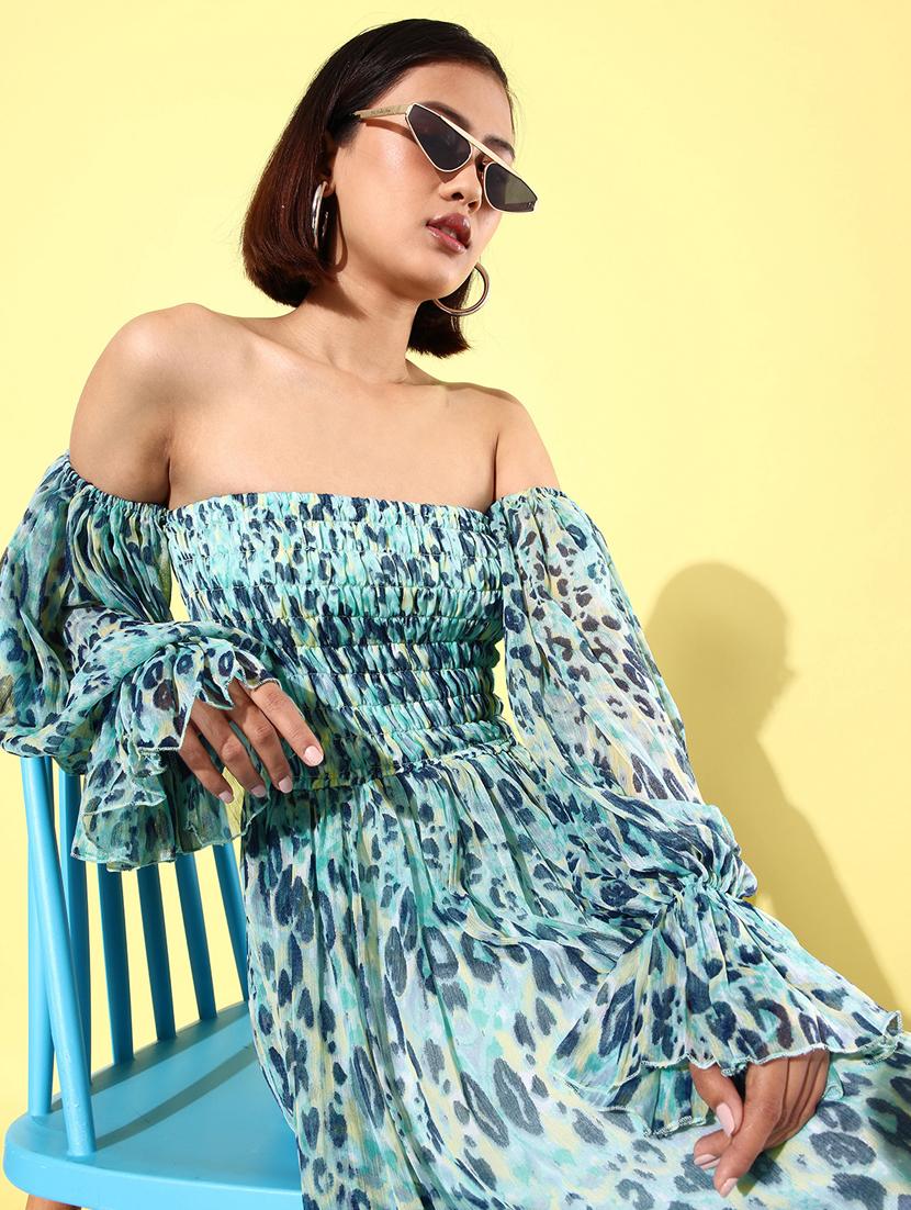 women light blue animal printed fit & flare dress - 20852966 - Standard Image - 3