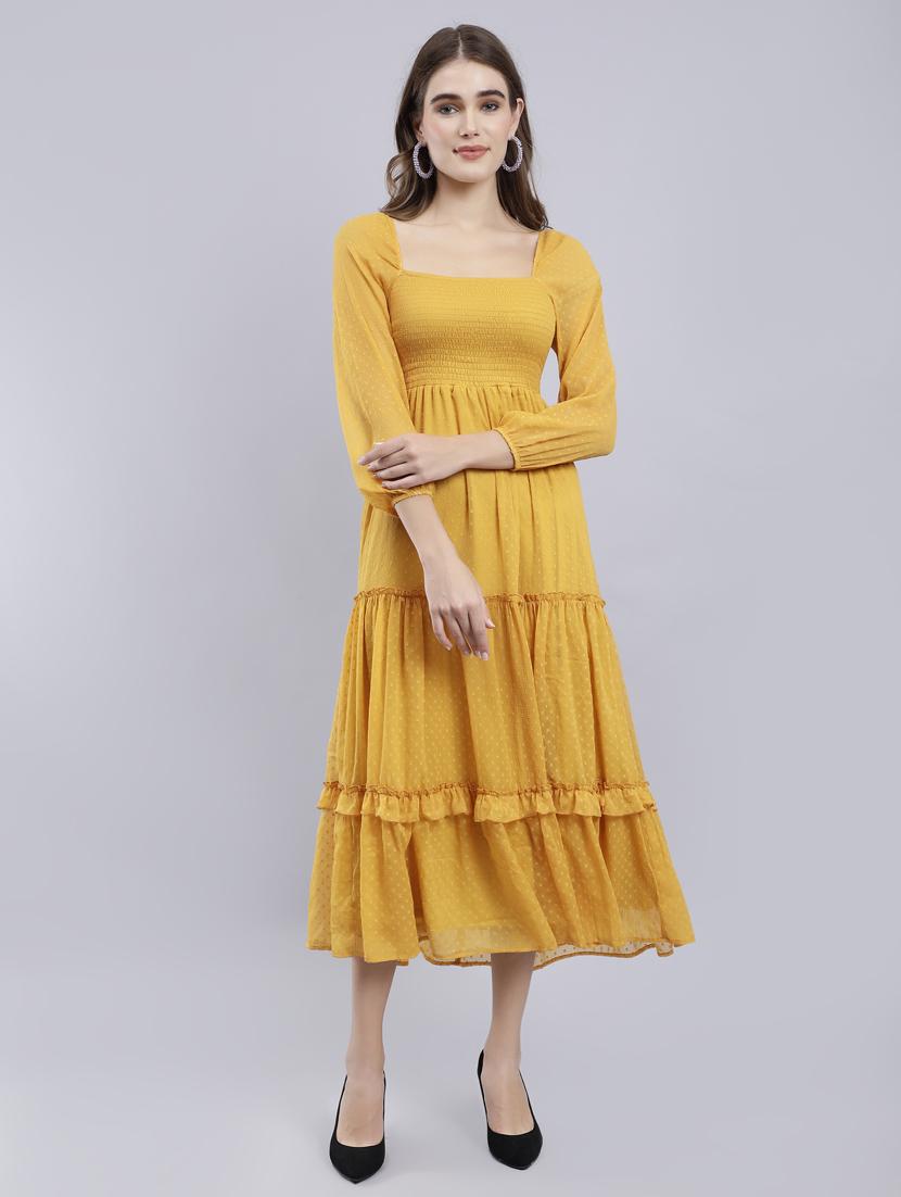 yellow self design smocked fit & flare midi dress