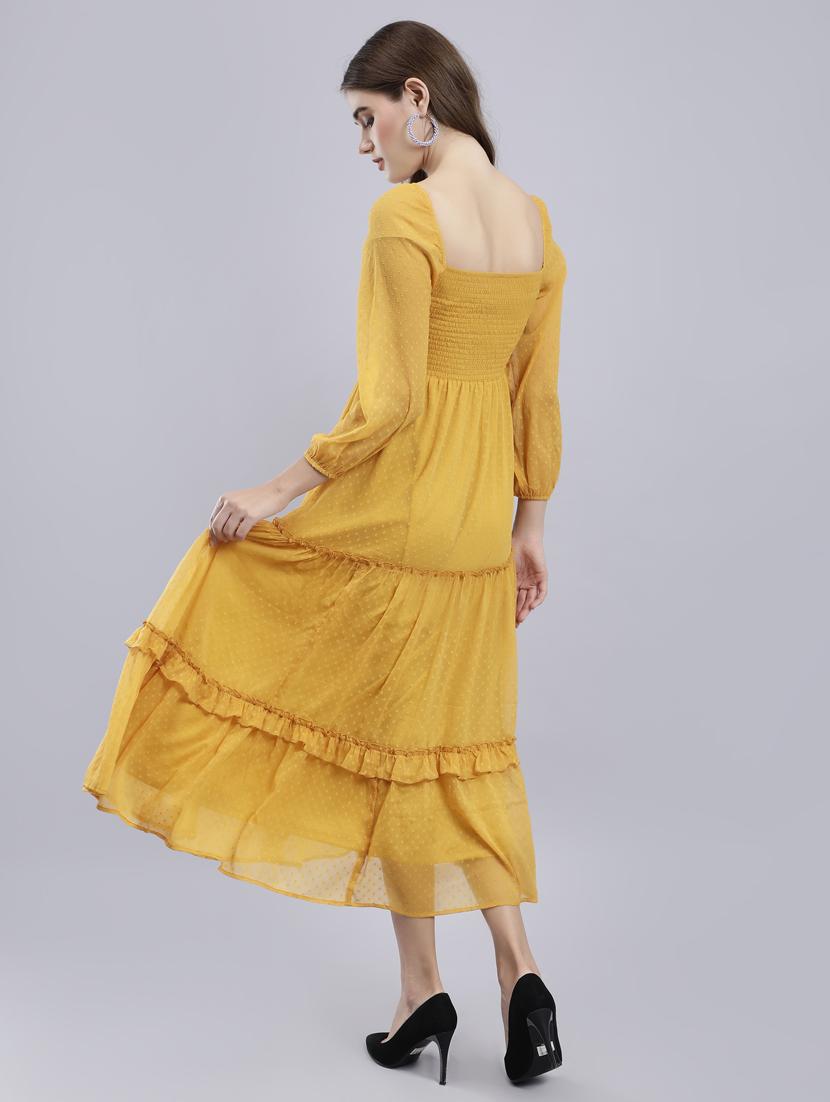 yellow self design smocked fit & flare midi dress - 20852968 - Standard Image - 3