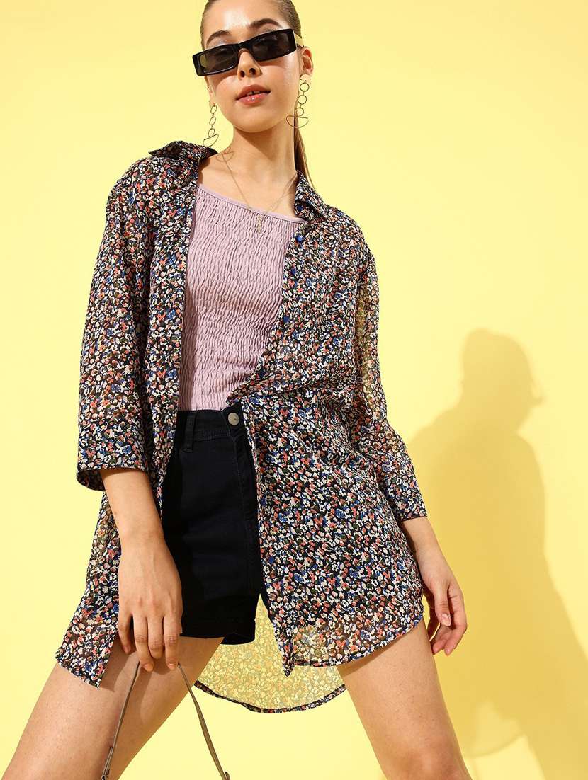 blue chiffon printed long shirt