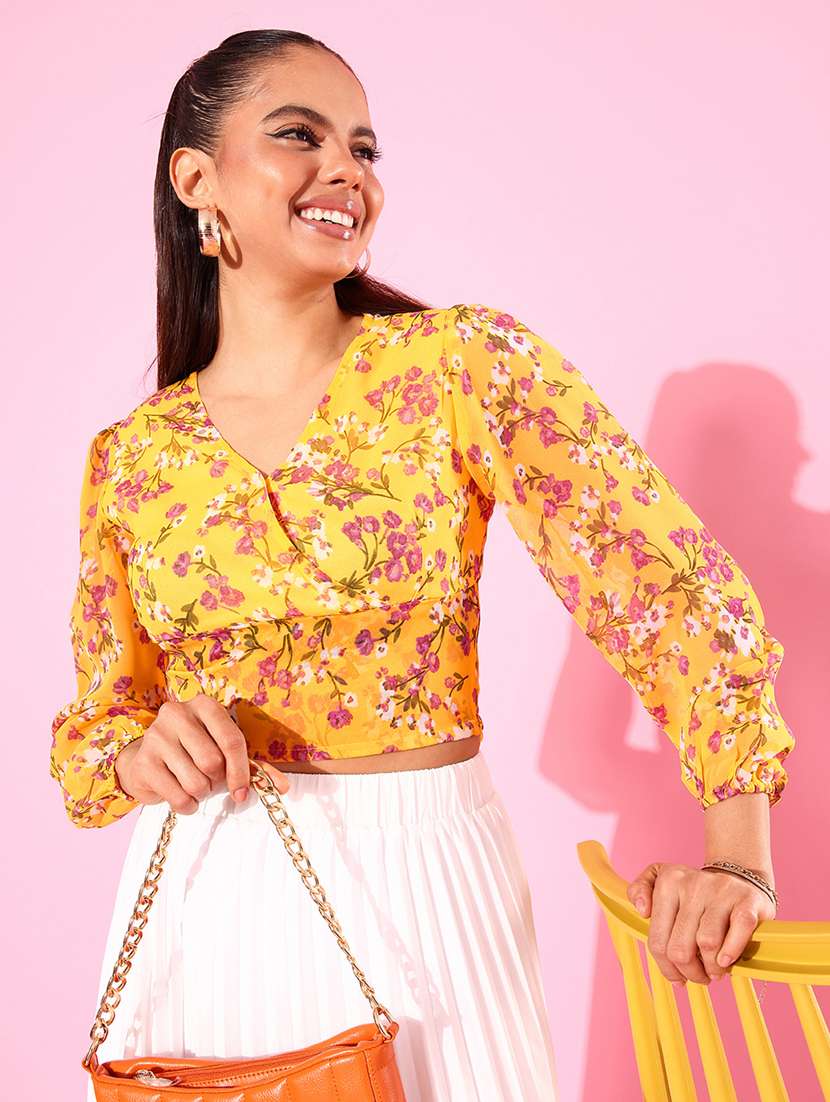 women yellow floral printed crop top