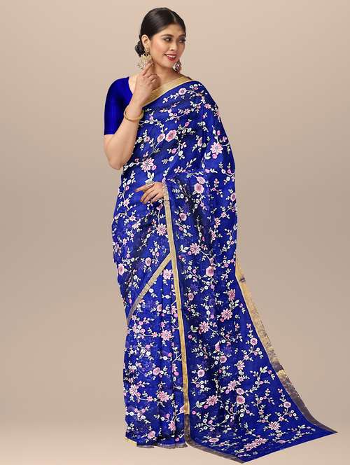 women blue embroidered saree with blouse - 20853357 -  Standard Image - 0