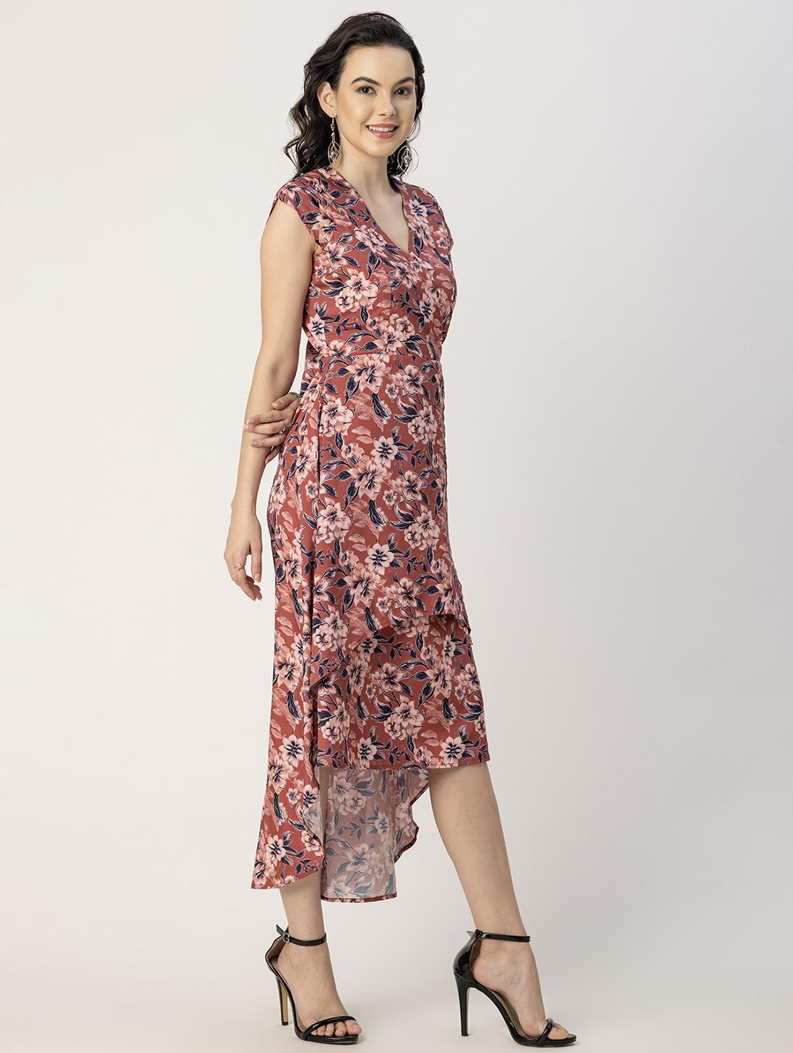 women rust floral printed high low dress - 20856135 - Standard Image - 3