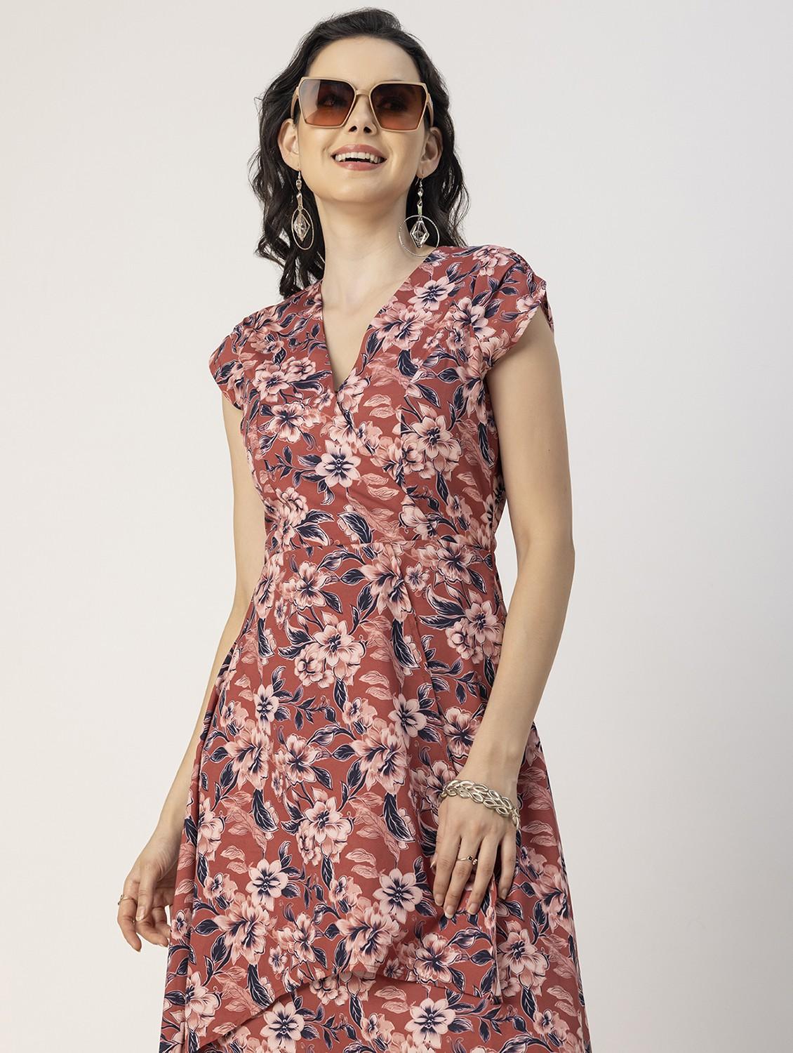 women rust floral printed high low dress - 20856135 - Standard Image - 5