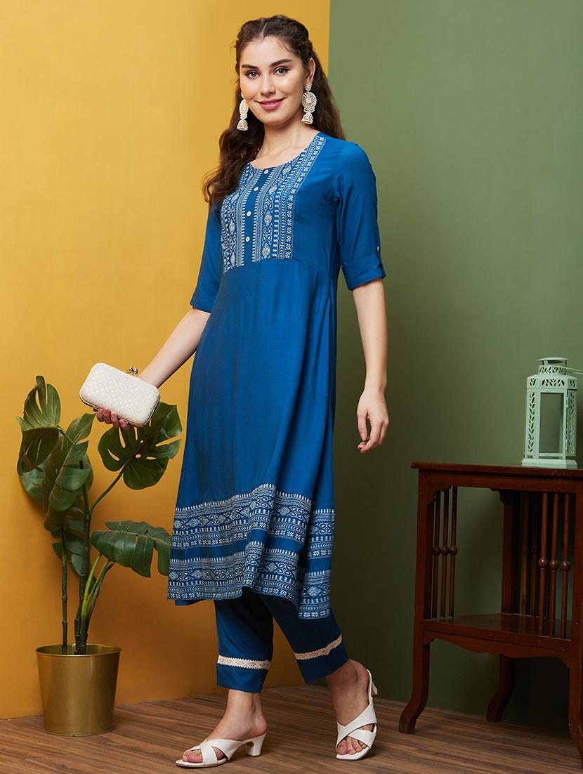 blue printed kurta pant set - 20857853 - Zoom Image - 0