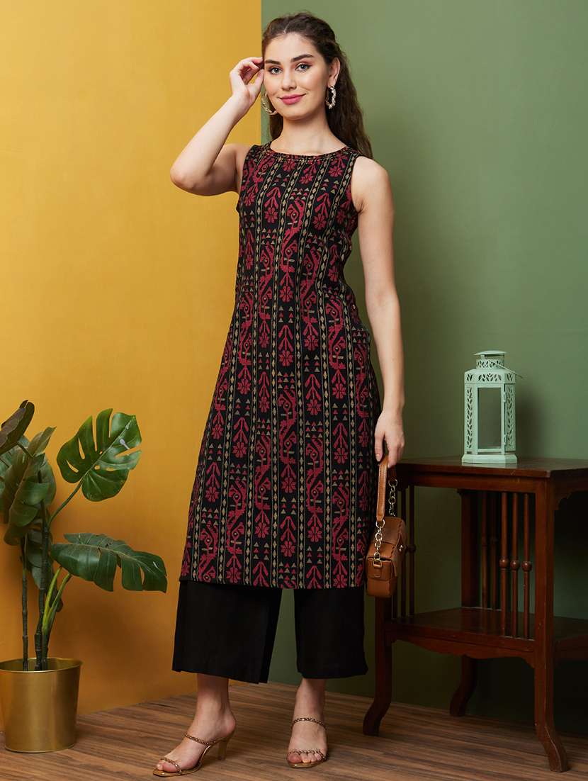 globus women black ethnic motifs kantha work round neck straight kurta & wide leg trouser set - 20857875 - Zoom Image - 0