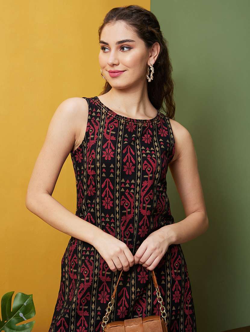 globus women black ethnic motifs kantha work round neck straight kurta & wide leg trouser set - 20857875 - Standard Image - 3
