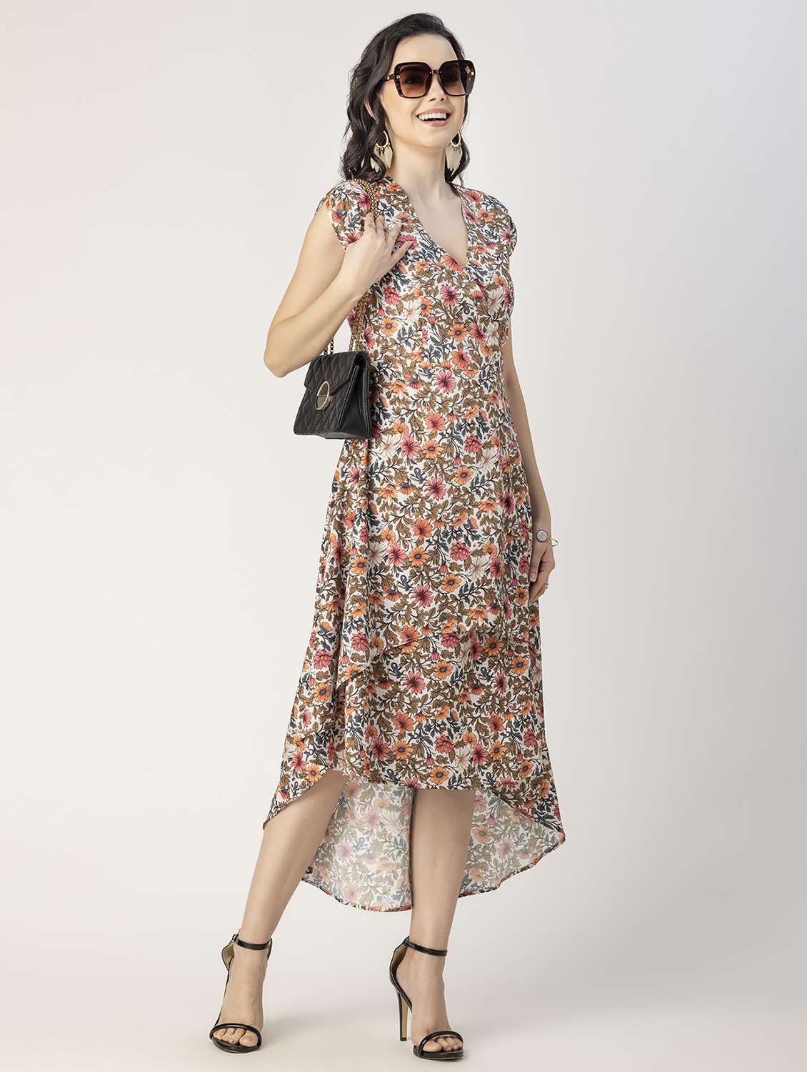 women multicolored floral printed high low dress