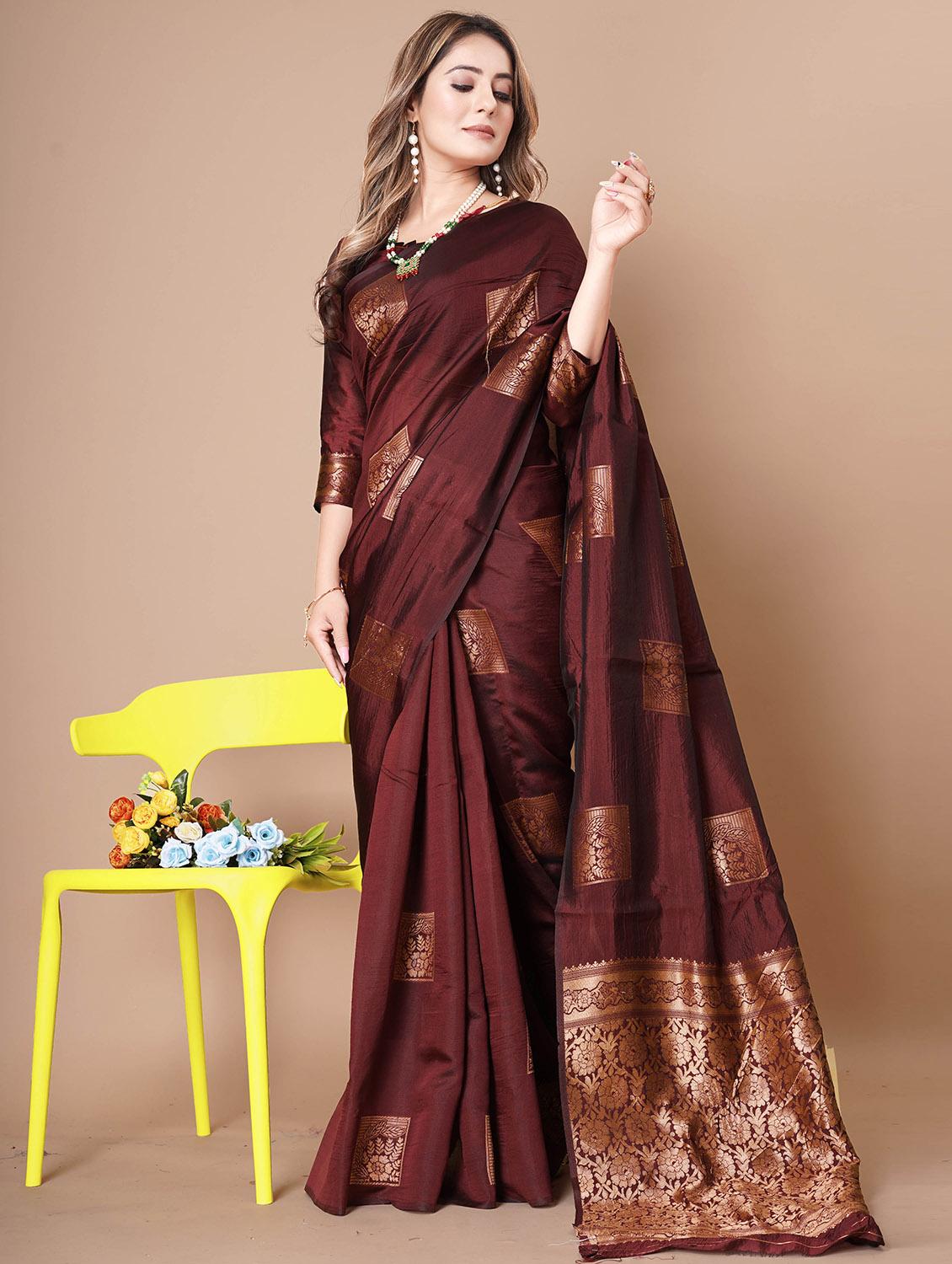 women brown self design banarasi saree with blouse
