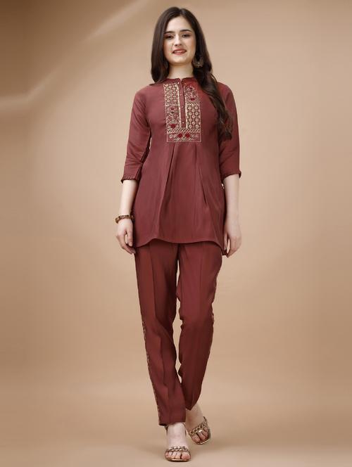 rust three quarter sleeve ethnic co-ord set - 20864265 -  Standard Image - 0