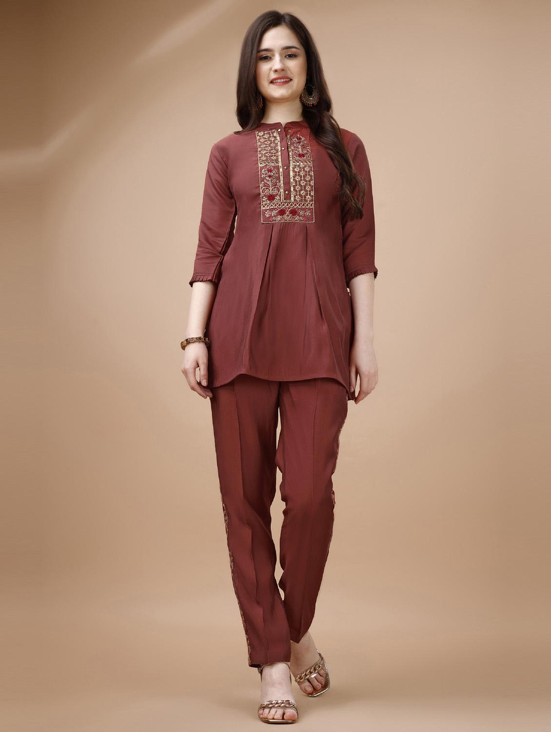 rust three quarter sleeve ethnic co-ord set - 20864265 -  Zoom Image - 0