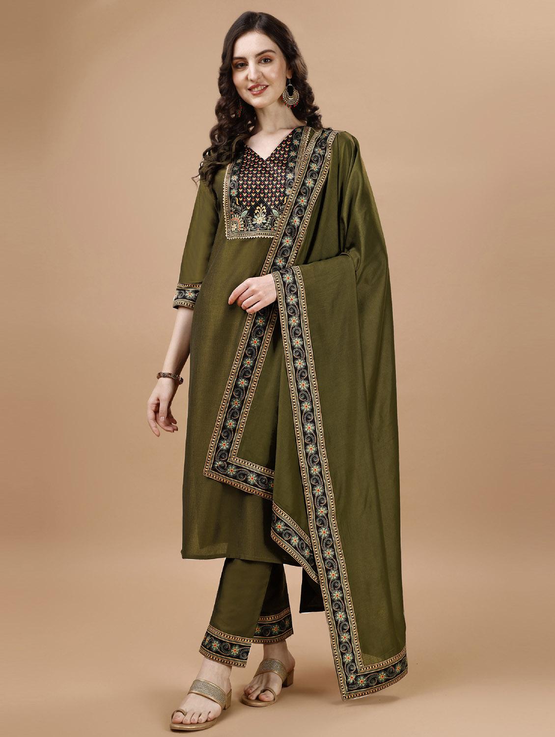 women three quarter sleeve kurta pant with dupatta set - 20864358 - Zoom Image - 0
