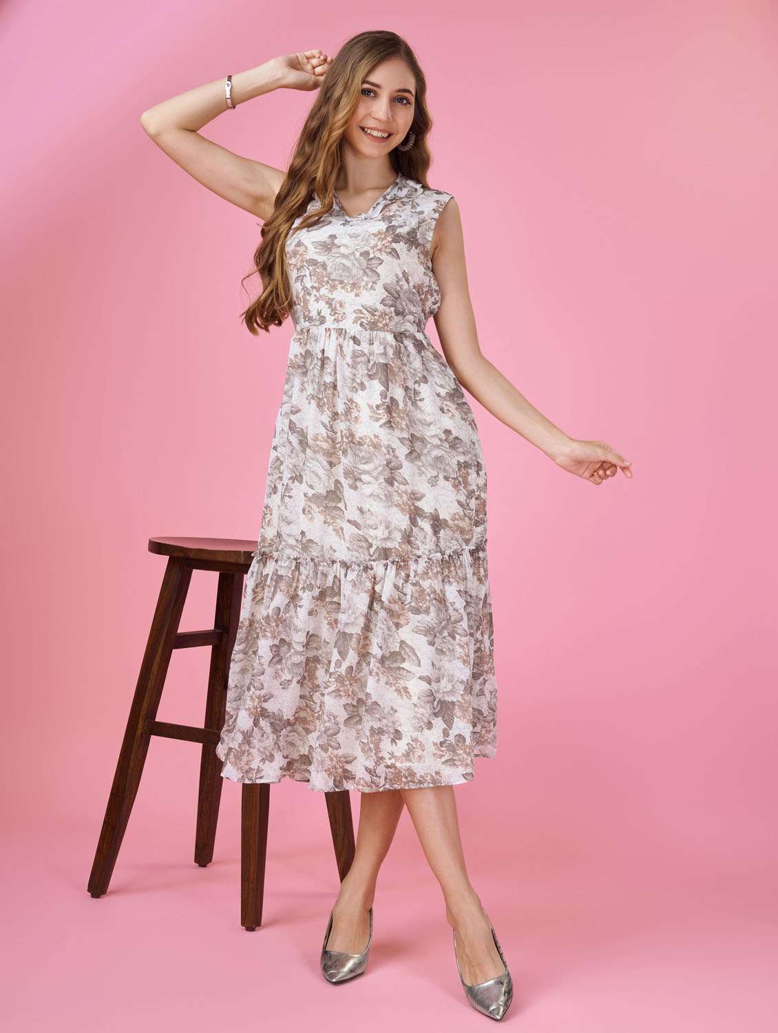cream floral printed tiered dress dress - 20864377 -  Zoom Image - 0