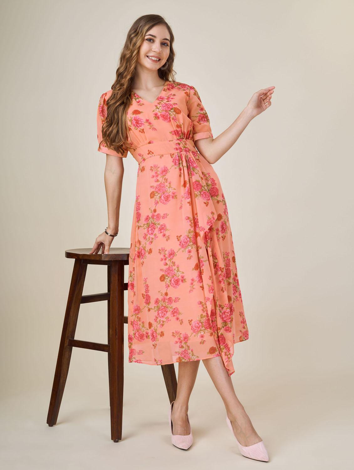 orange floral printed fit & flare dress - 20864378 - Zoom Image - 0