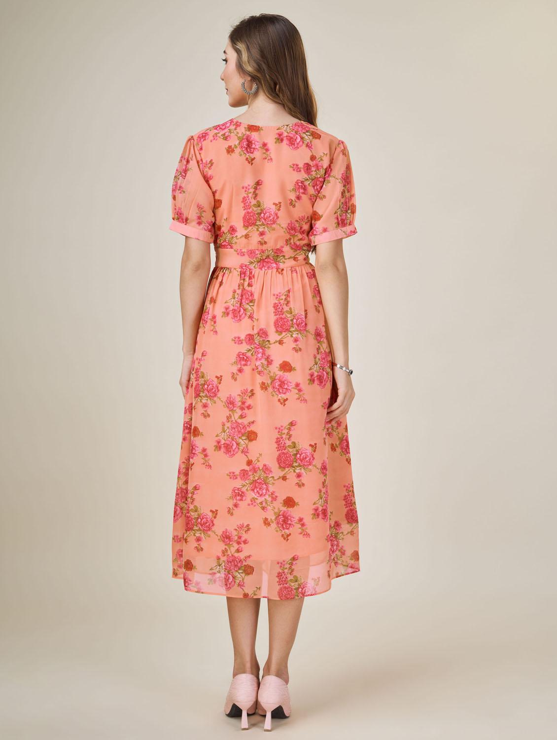 orange floral printed fit & flare dress - 20864378 - Standard Image - 3