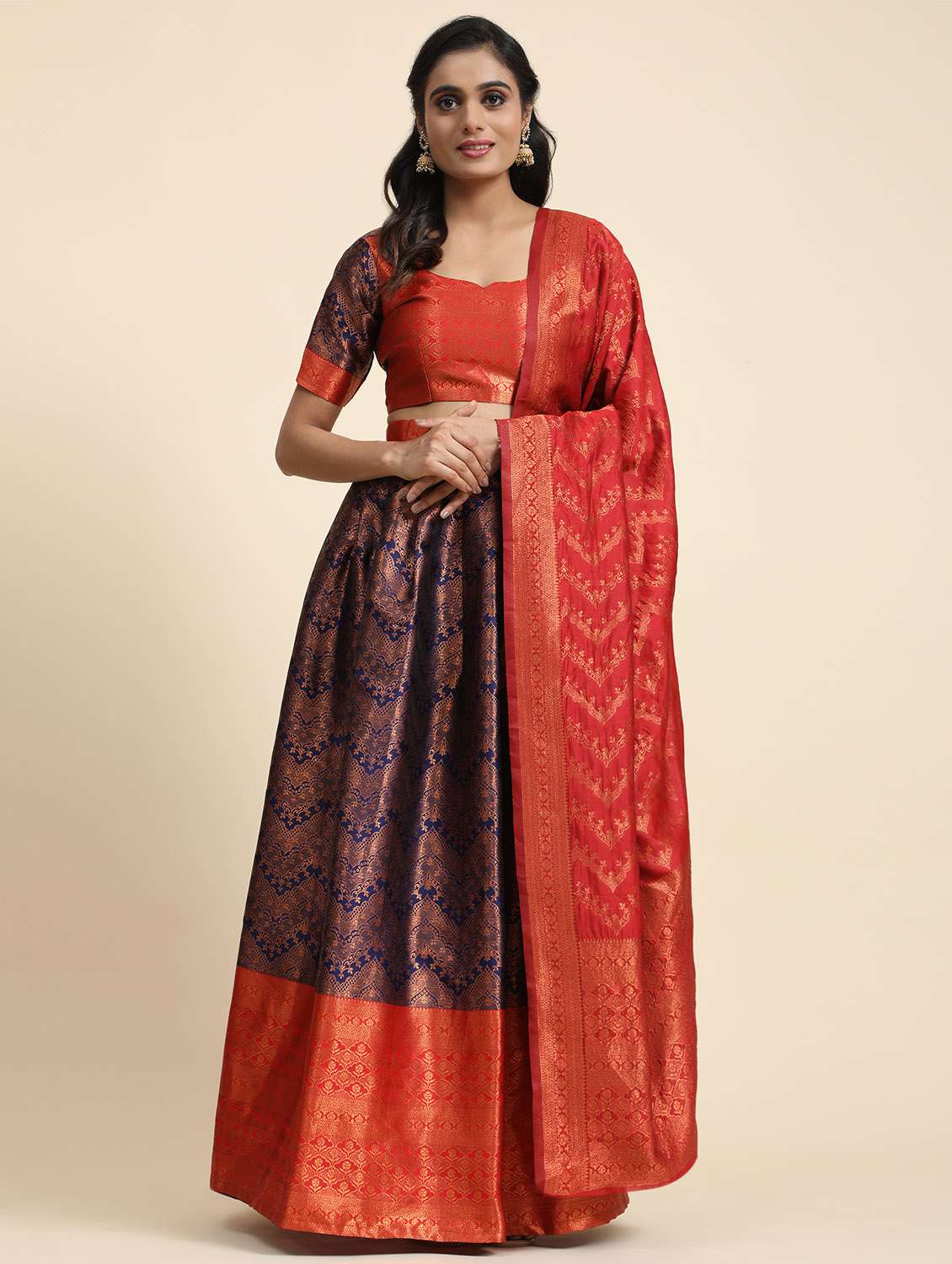 women blue unstitched banarasi lehenga choli with dupatta