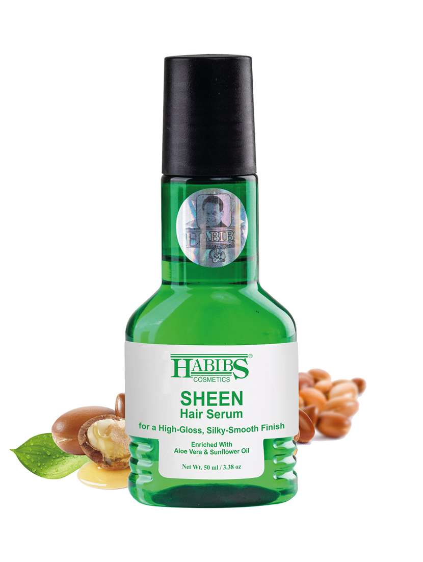 habibs sheen hair serum for smooth anti-frizz high-gloss, silky-smooth finish enriched with aloe vera & sunflower oil 50 ml