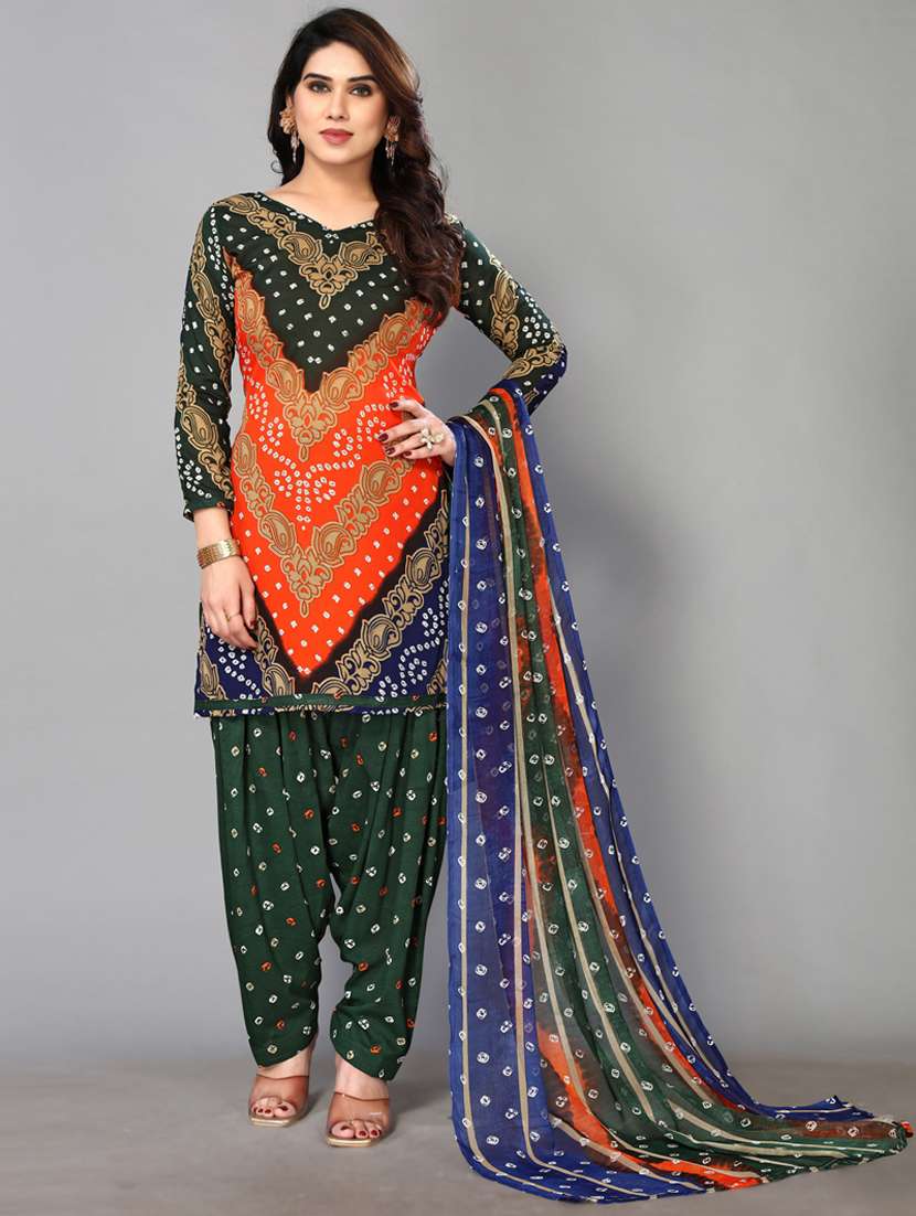 women bandhani printed crepe unstitched suit set