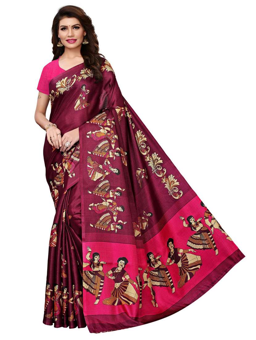 women madhubani printed saree with blouse