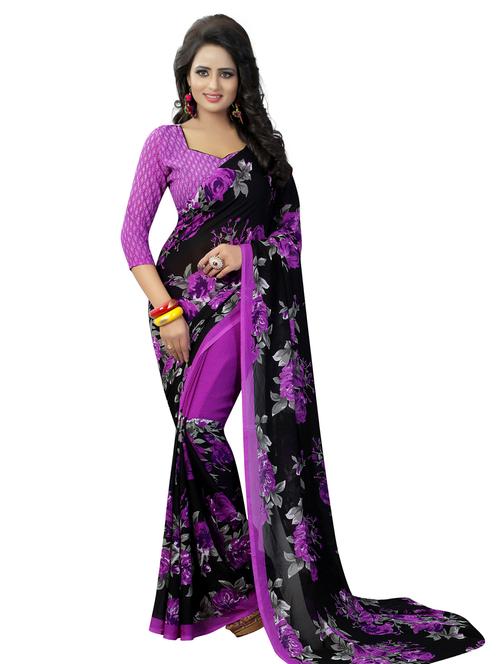 women black floral printed georgette saree with blouse - 20873031 -  Standard Image - 0