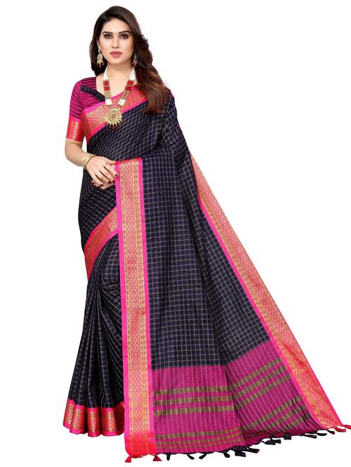 women blue checks chettinadu saree - 20873099 - Standard Image - 0