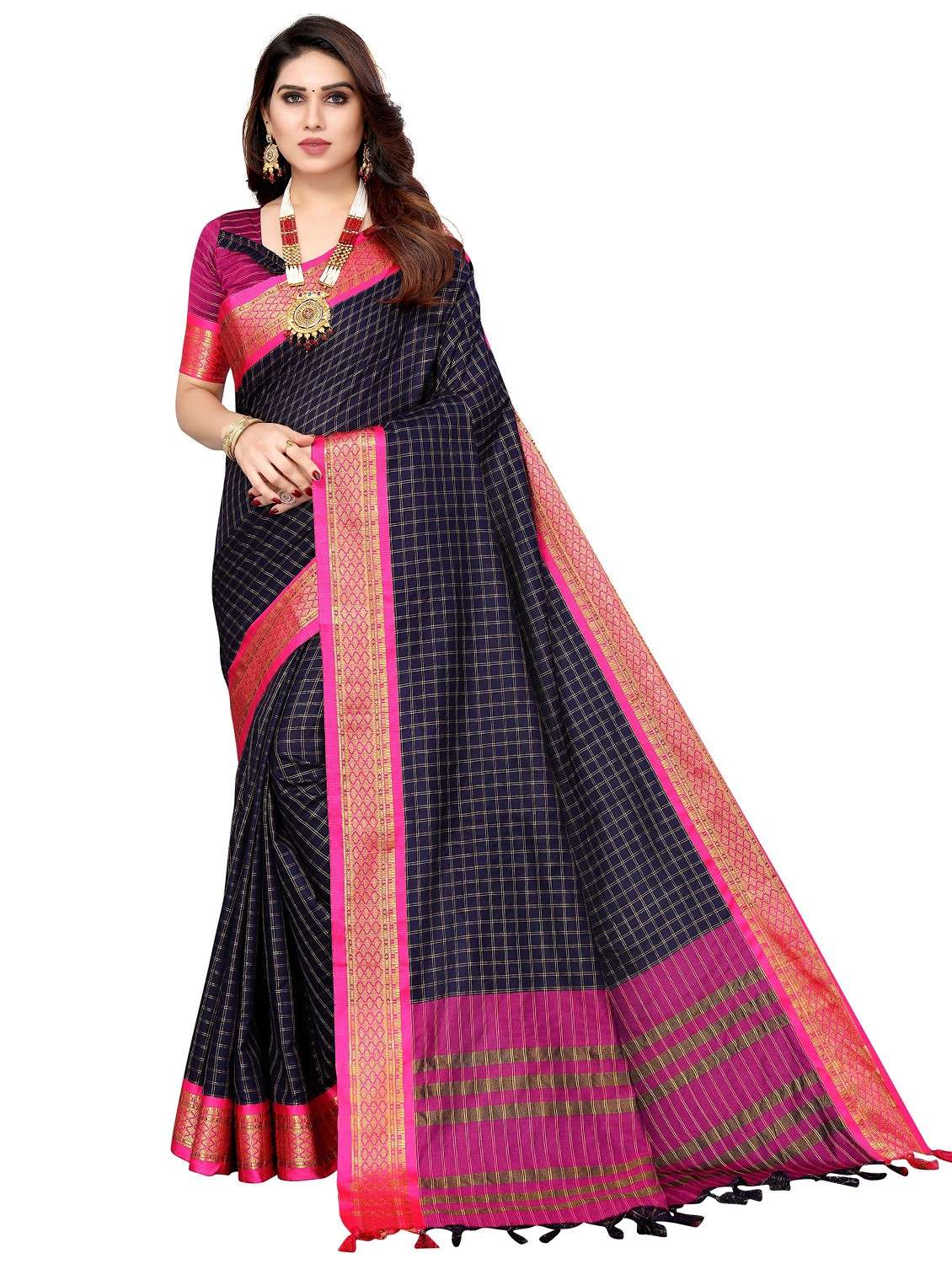 women blue checks chettinadu saree - 20873099 - Zoom Image - 0