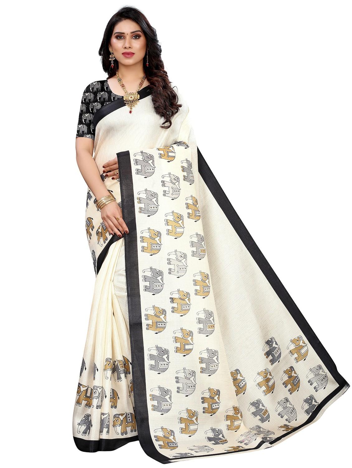 women cream printed bordered saree with blouse - 20873107 - Zoom Image - 0
