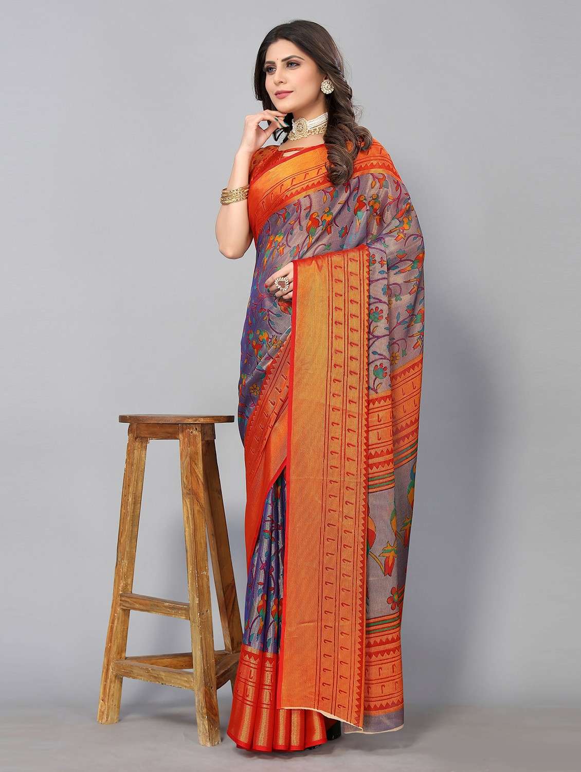 women grey printed chiffon saree with blouse - 20873167 - Zoom Image - 0