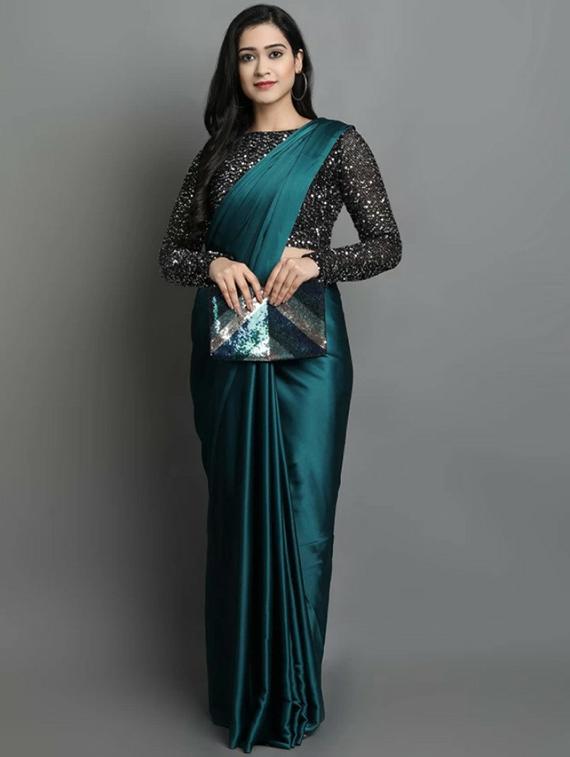 teal green solid saree with blouse - 20873182 - Zoom Image - 0
