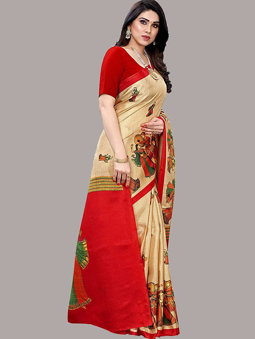 women beige kalamkari printed saree with blouse