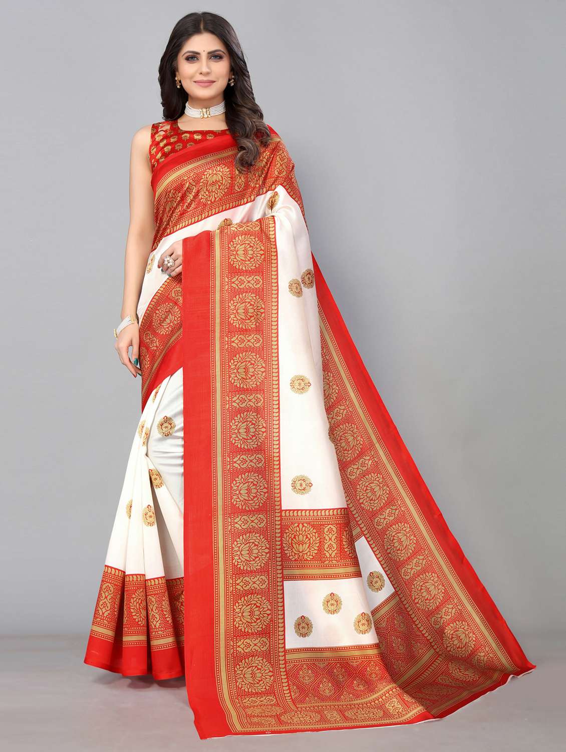 women white printed bordered saree with blouse