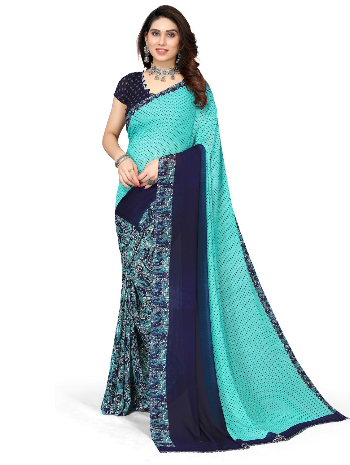 women turquoise printed georgette saree with blouse - 20873641 - Zoom Image - 0