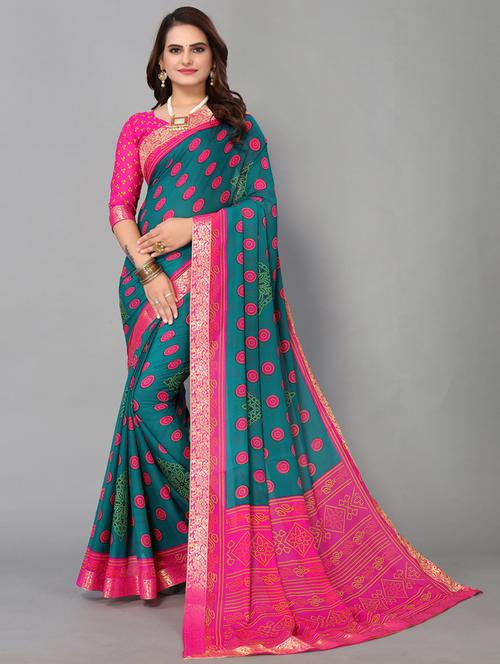 women teal bandhani printed saree with blouse - 20873831 - Standard Image - 0