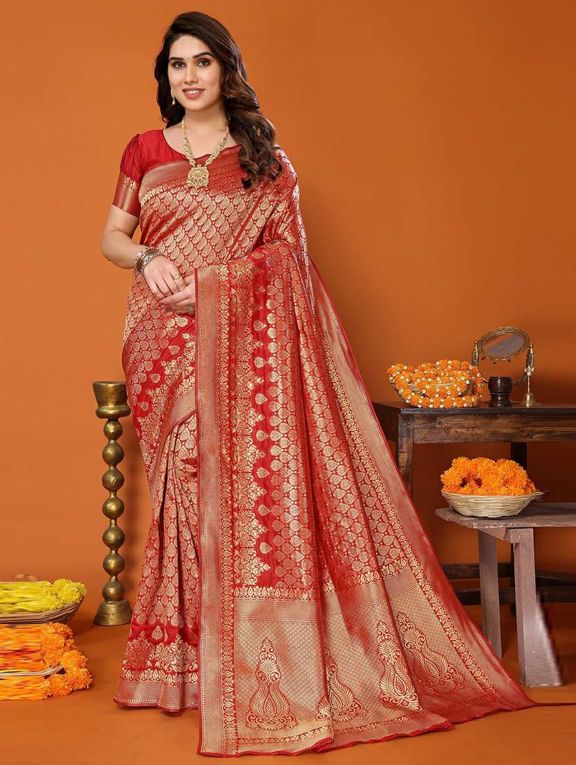 women red self design kanjivaram saree with blouse