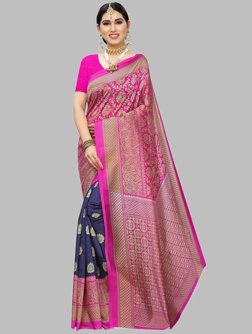 women blue self design banarasi saree with blouse